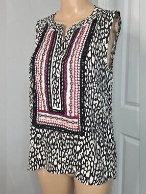 Le Sample Black & White Printed Sleeveless Top with Pink Embroidered Yoke Size S